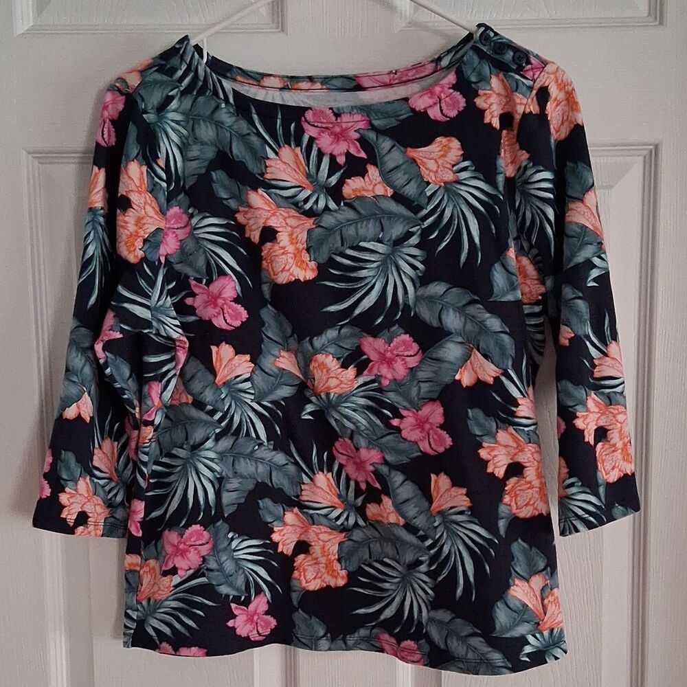 Charter Club Size L Women's Black Pink Floral 3/4 Sleeve Supima Cotton Blouse